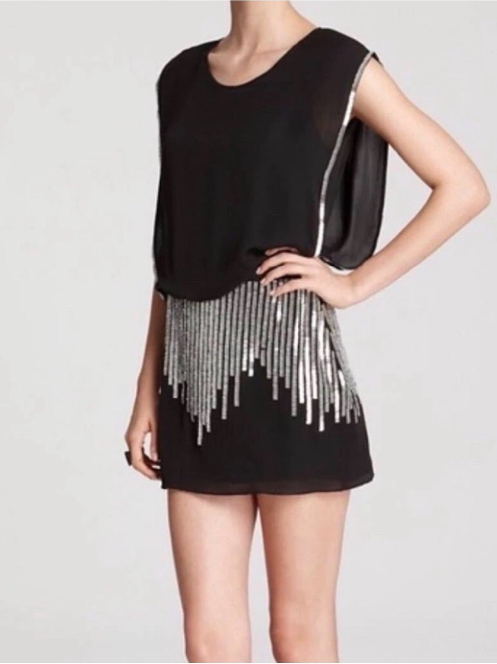 Parker Sardinia Black 100% Silk Mini Dress with Silver Sequin Fringe, Size XS
